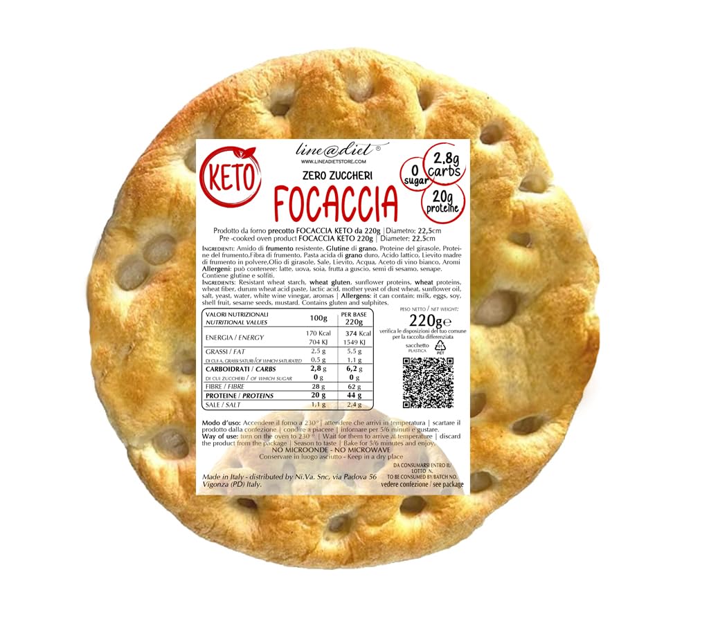 KETO FOCACCIA Line@diet | Focaccia artigianale da 220g ad alto contenuto di PROTEINE | 2,8% carboidrati, 44g di proteine, 0 zuccheri