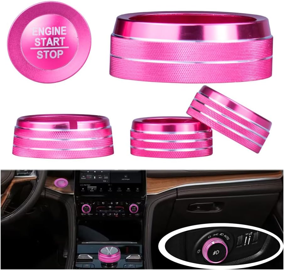 for Jeep 2022-2025 Grand Cherokee/Grand Cherokee 4xe/Grand Cherokee L car Interior 6-piece Set, Shift Switch, air Conditioning Adjustment, Headlight Switch knob, Start Button Cover/Ring (Pink)