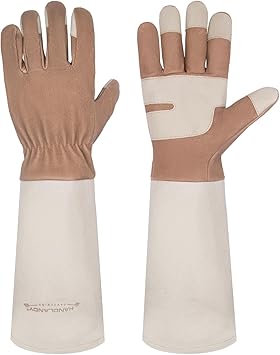 HANDLANDY Long Gardening Gloves for Men & Women, Thorn Proof Rose Pruning Gloves Leather Gauntlets Garden Glove Yard Work Glove Warm Brown, Medium