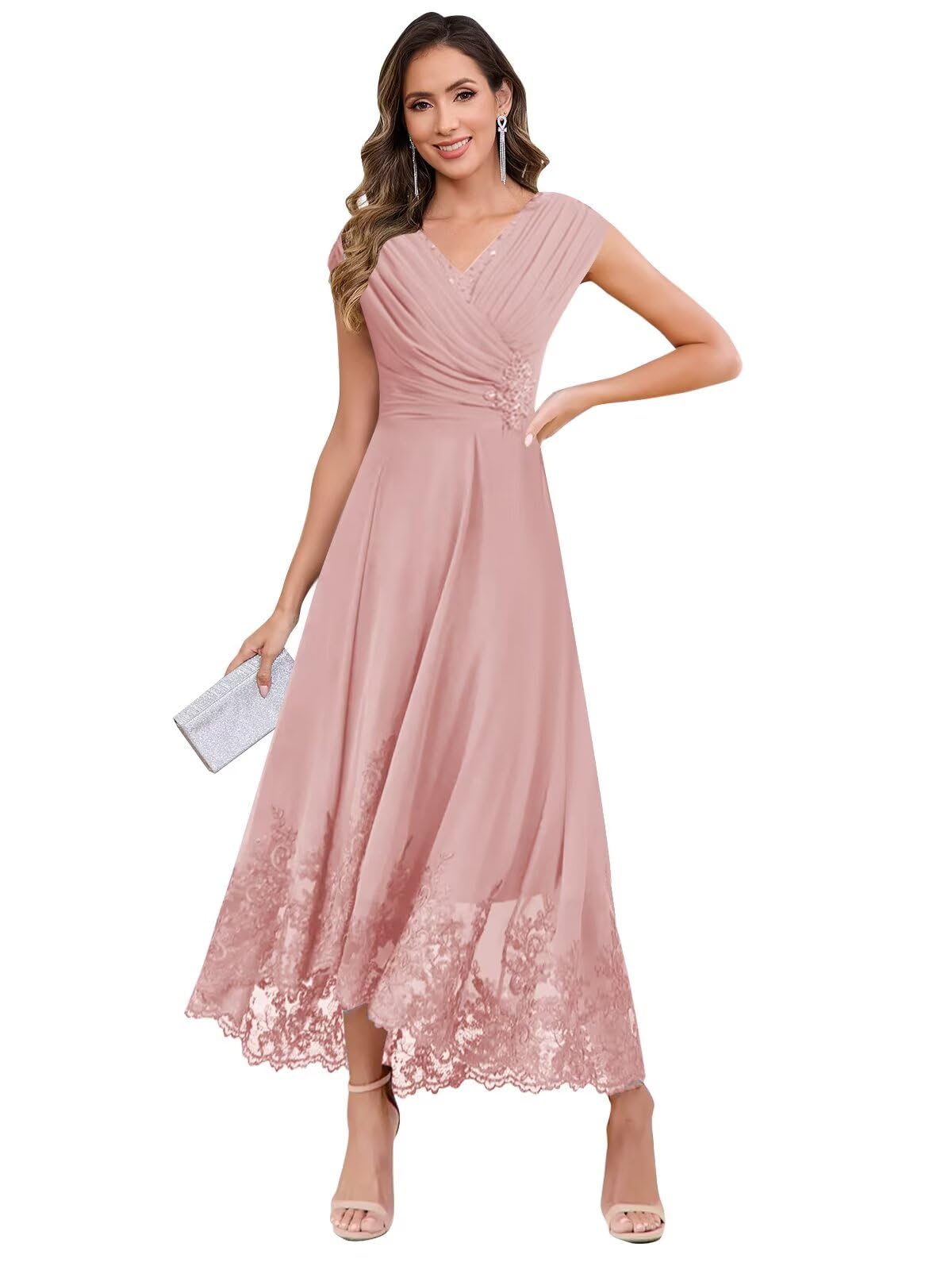 Aootumi Tea Length Mother of The Bride Dresses Chiffon Lace V Neck Cap Sleeve A Line Long Formal Wedding Guest Dress