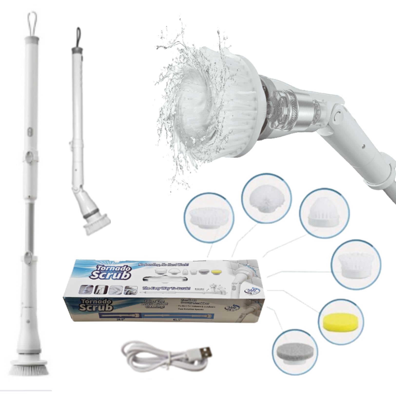 Electric Spin Scrubber - Cordless Cleaning Head with 6 Replaceable Brushes - 90° Rotatable - Ideal for Floor, Window, Cars - Ivory White