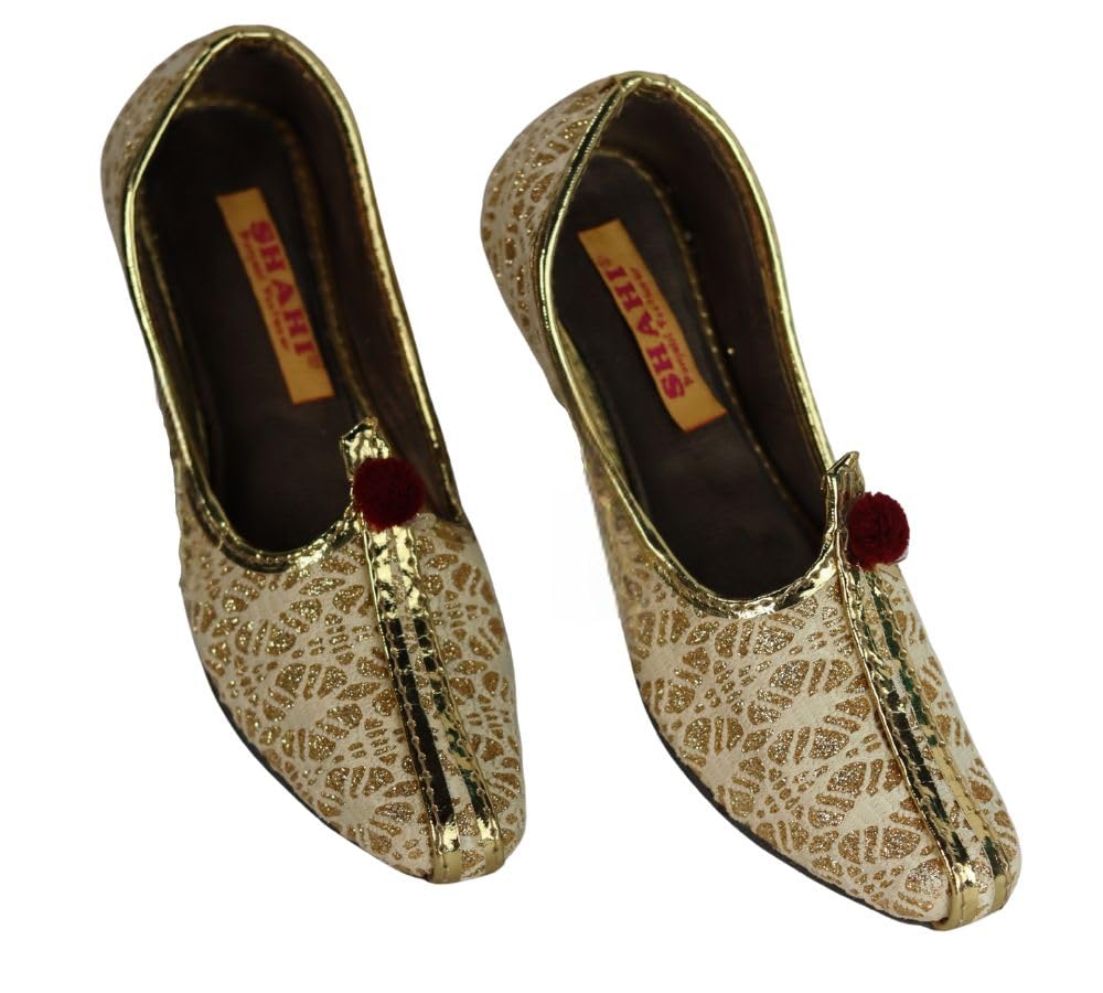 shahi punjabi footwear Kids Golden Embroidered Punjabi Jutti with Red Pom-Pom for Traditional Sherwani Mojari-picture-19