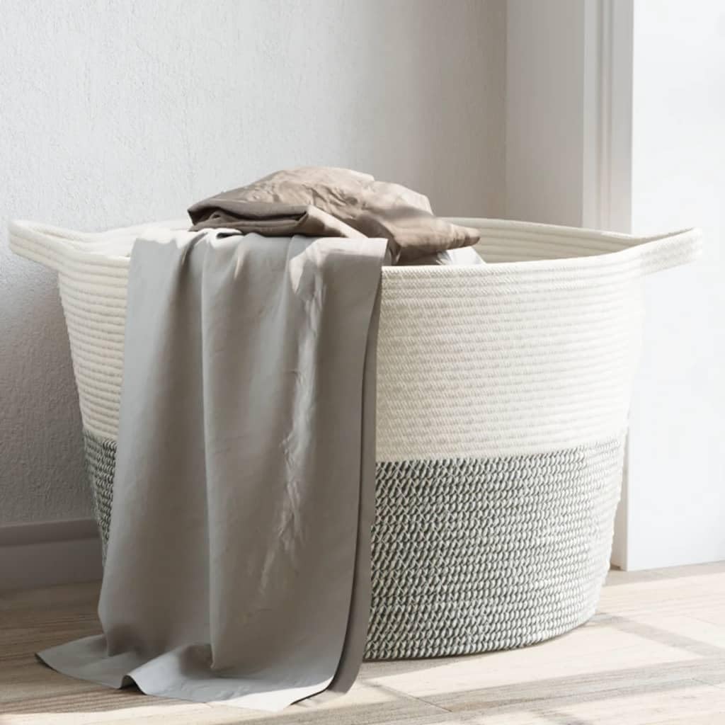 Cesto para la colada, color gris y blanco, de algodón y poliéster, diámetro de 60 x 36 cm, con asas, plegable, ahorra espacio, estable, para guardar la ropa sucia, cuarto de baño, dormitorio