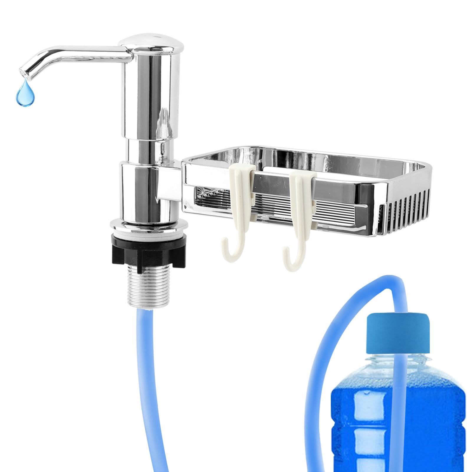 Dish Soap Dispenser for Kitchen Sink, Built in Soap Dispenser Pump with Sponge Holder,Long Mouth Outlet, Stainless Steel Pump with 39'' Extension Tube Kit,No Need to Fill Little Bottle Again