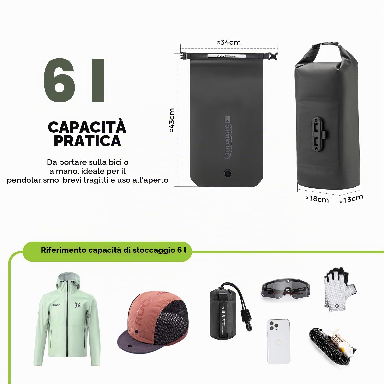 Borsa Impermeabile per Forcella Anteriore Bici 6L, Sacca Dry Bag con Base Magnetica e Valvola a Compressione, con Chiusura Roll-Top, per Bikepacking Spiaggia Ciclismo
