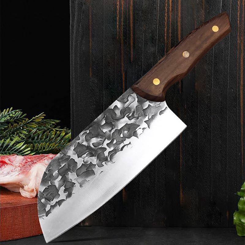Meat Cleaver, 7 Inch Kitchen Chef's Knife Forged Meat Cleaver Stainless Steel Butcher Boning Knife Wooden Handle Fruit Knife Cooking Utility Tools