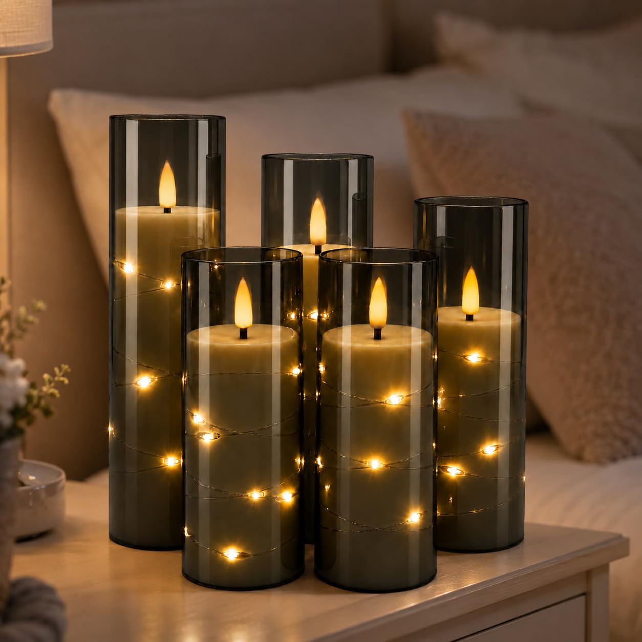 Da by 5 Stück Graue LED Kerzen mit Feenlichtkette, Schwarzer Flackerflamme, Graue Glasabdeckung, Batteriebetrieben mit Fernbedienung, Wetterfest für Innen- & Außendekoration