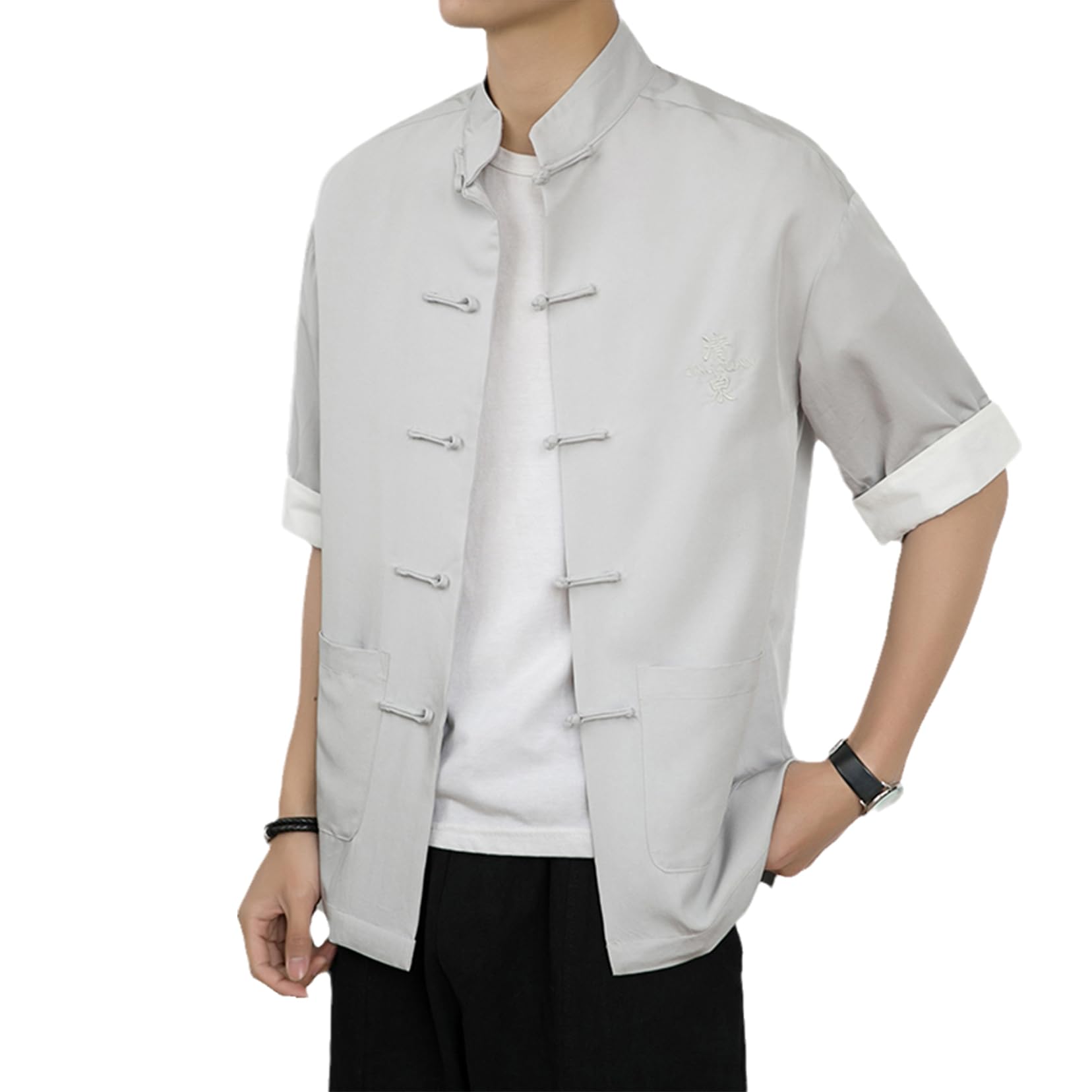 Chinese Style Men's Ice Silk Vintage Tang Suit Shirt Summer Shirt Elegant Hanfu Jacquard Gentleman's Blouse