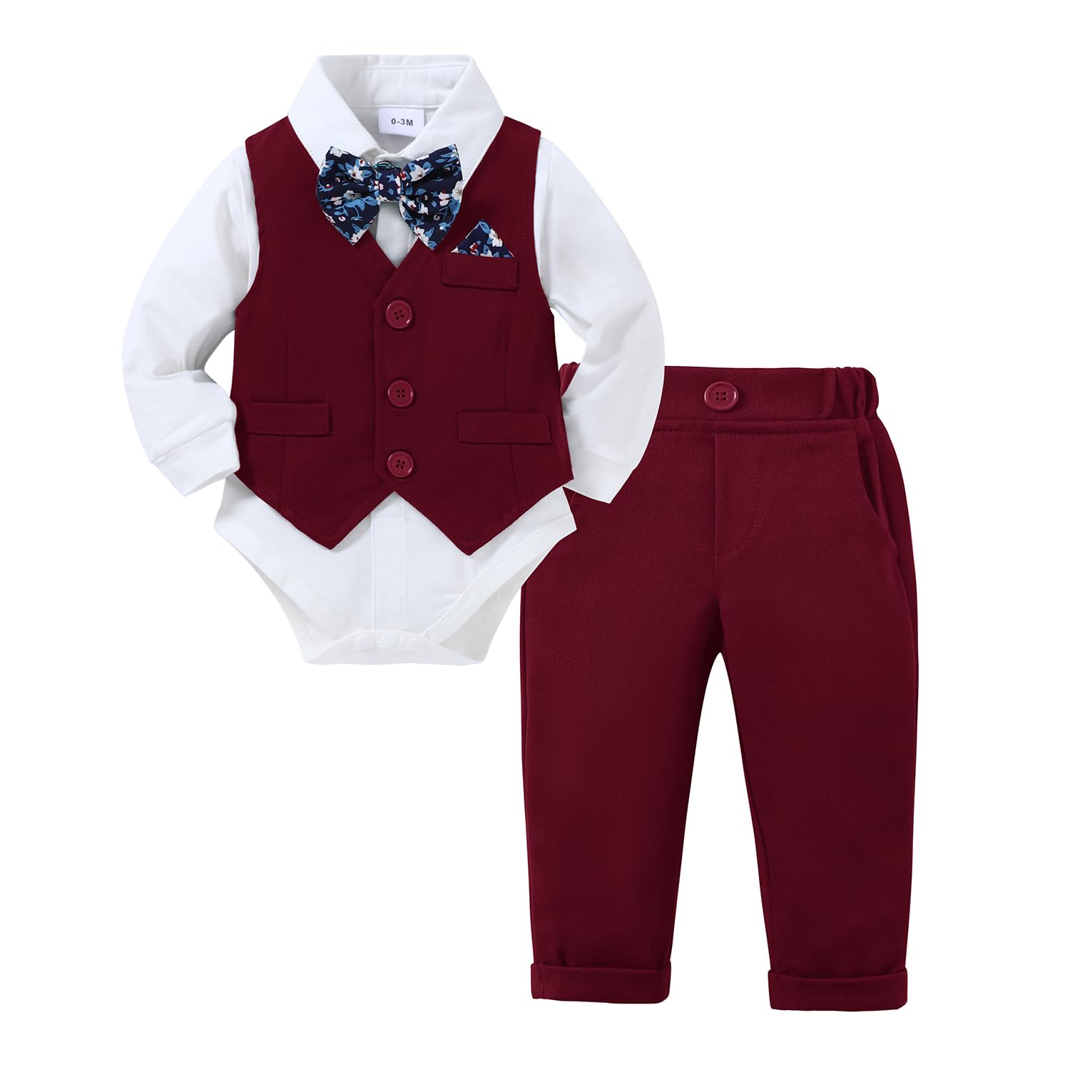 DISAUR Baby Boy Clothes Toddler Boy Outfits 4PCS Gentleman Dress Romper/Vest/Pants/Bow Tie Cotton Suit Sets