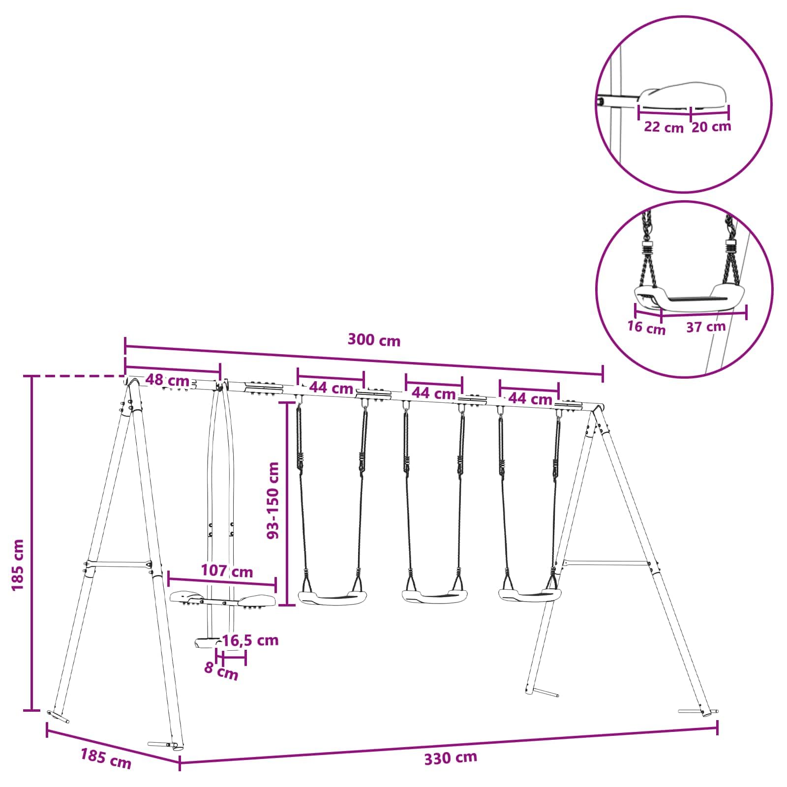 Outdoor Schaukelset Mehrfarbig 330 x 185 x 185 cm Stahl und PE wetterfest mit verstellbarem Sitz für Garten und Spielplatz, Klettergerüst, Rutsche, Wippe, Sandkasten, Kinderspielzeug draußen