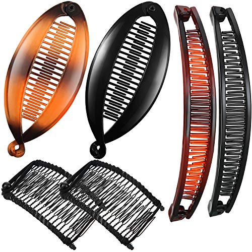 6 Pieces Banana Hair Clips, Include 2 Pieces Double Comb Banana Clip, 2 Pieces Fishtail Hair Clip and 2 Pieces Clincher Combs Banana Ponytail Clip for Women Girls (Black, Brown, 20 Tooth)