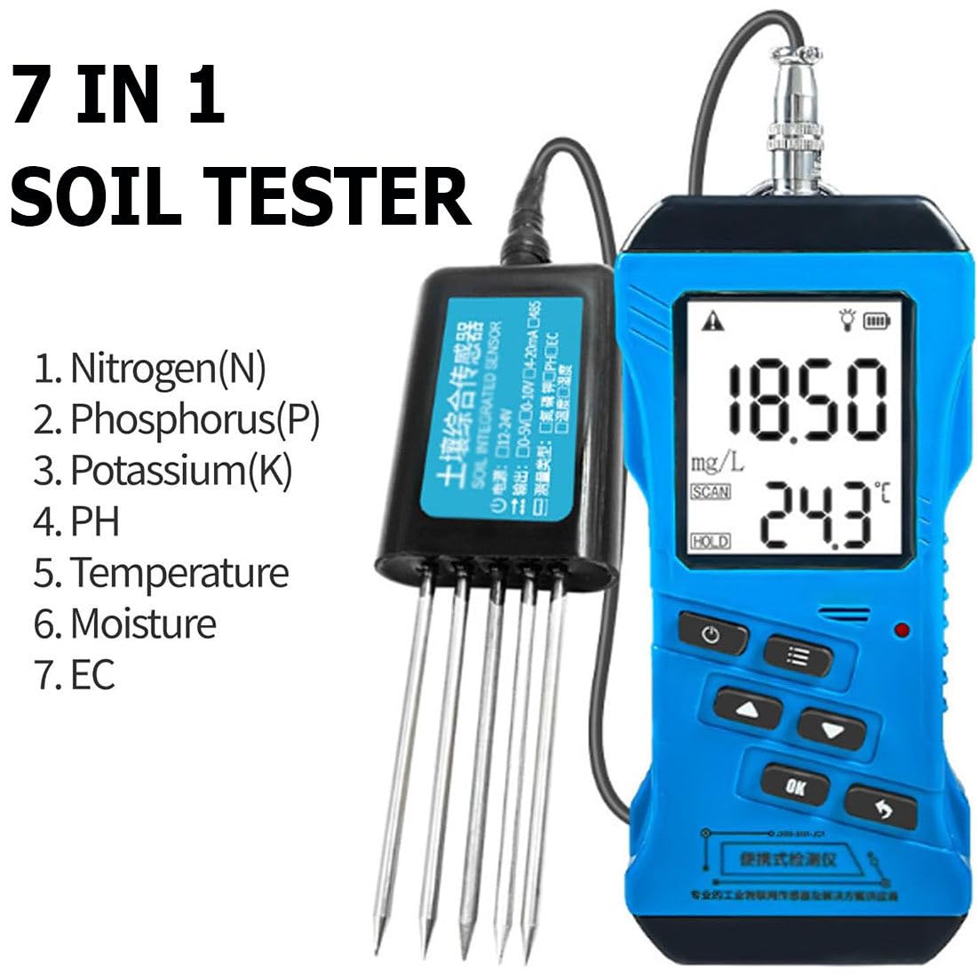 Kit tester tutto in uno per terreno, misuratore digitale 7 in 1 per Npk, Ph, umidità, Ec, temperatura e conducibilità, test di fertilità del suolo ad alta sensibilità per prato, fattoria e piante da