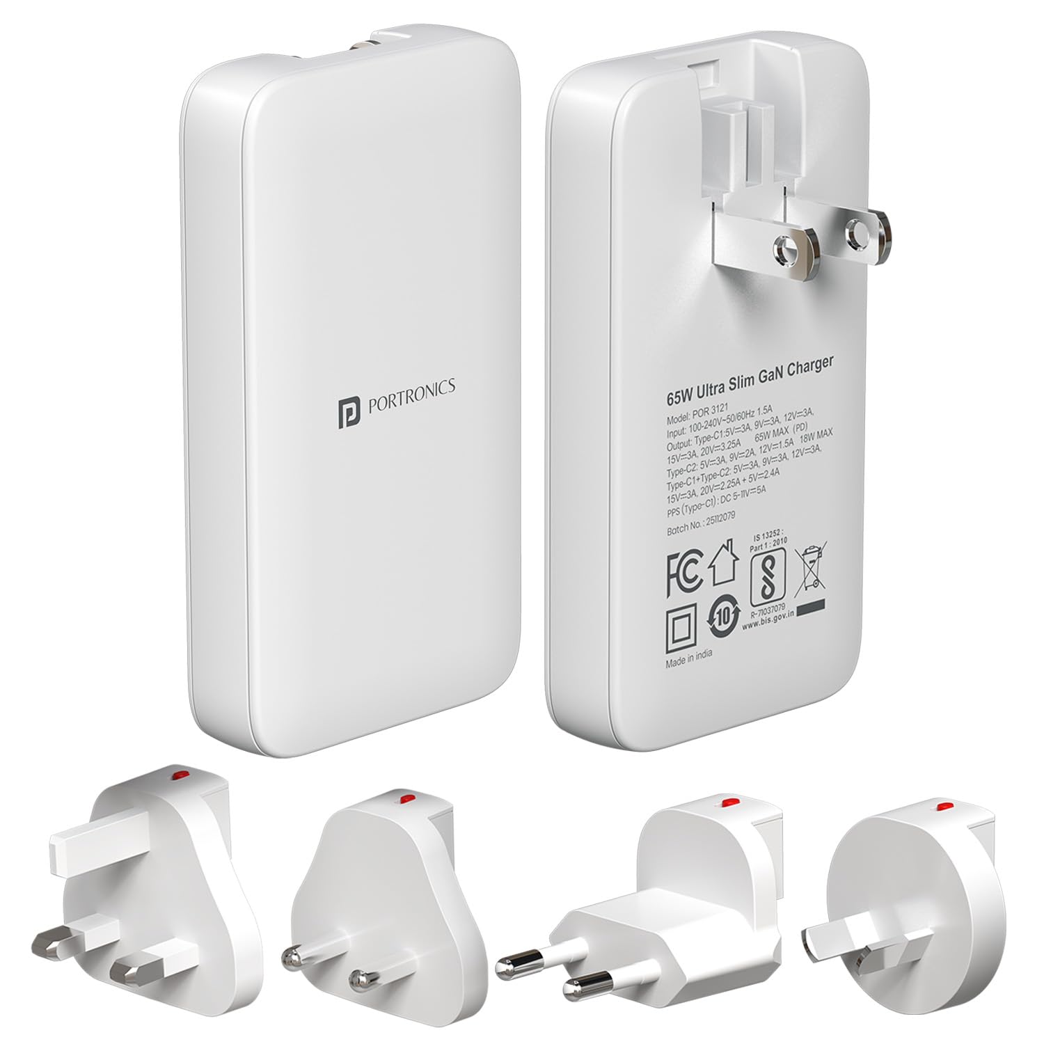 Portronics 65W Adapto 65U Ultra Slim Dual Port Fast Charging Adaptor With Swappable Heads, Type C PD Output, International Travel Fast Charging Adapter, Suitable for 180+ Countries US,UK,EU,AUS(White)-picture-25
