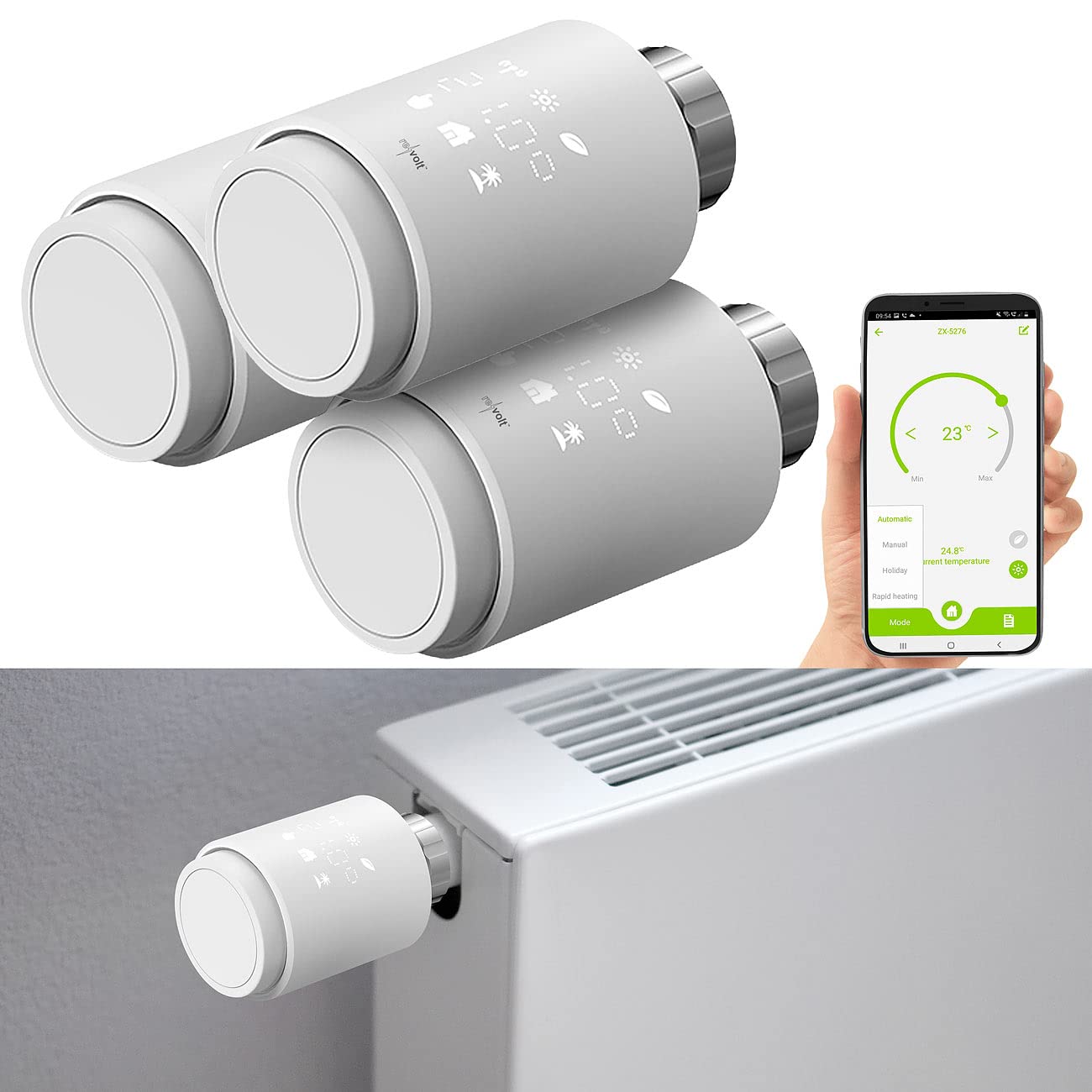 revolt Alexa Thermostat: 3er-Set programmierbare Heizkörper-Thermostate mit Bluetooth und App (Heizungsventile, Elektronik-Heizkörper-Thermostat, Adapter)