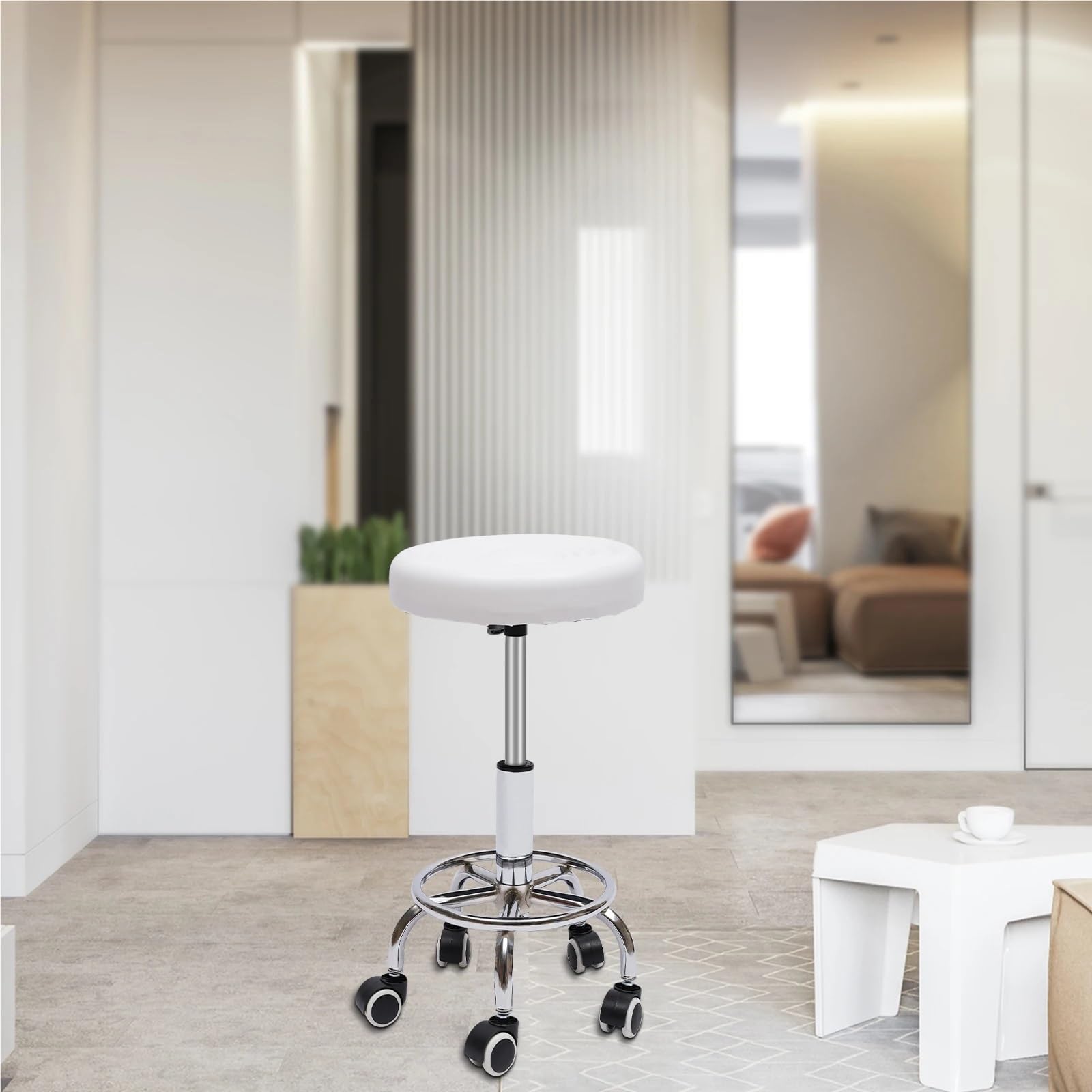 Asiento de mecanico Taburete Redondo con Ruedas y reposapiés de Altura Regulable para masajes de SPA y salón, Color Blanco y Negro Taburete Taller(White)
