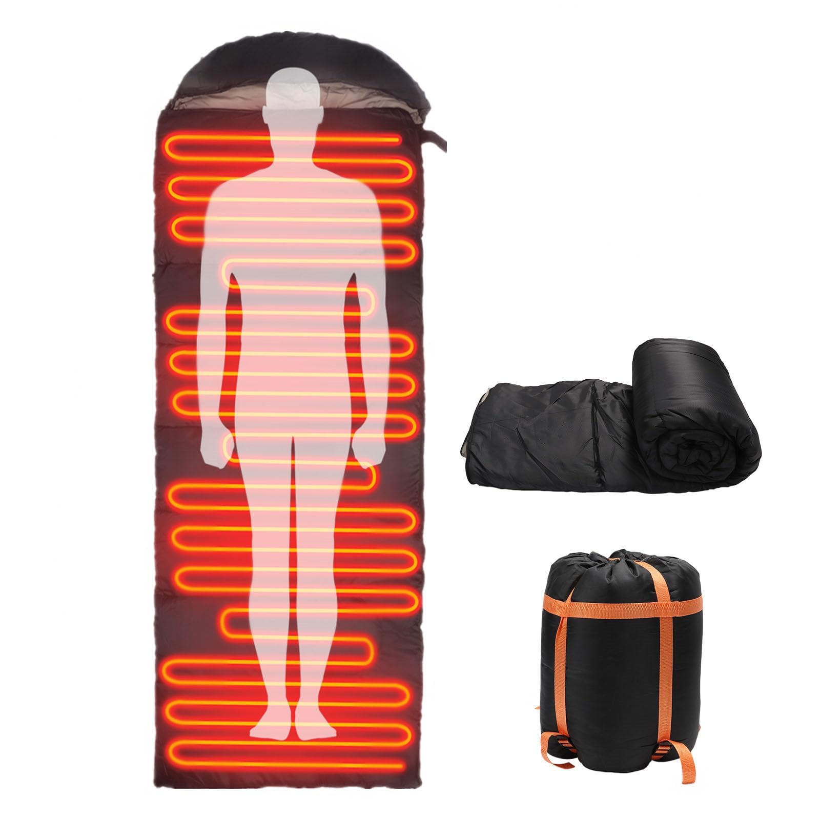 Saco de dormir con calefacción, almohadilla térmica eléctrica con 3 niveles de calefacción ajustables, almohadillas de calefacción alimentadas por USB, capucha ajustable, saco de dormir de camping de