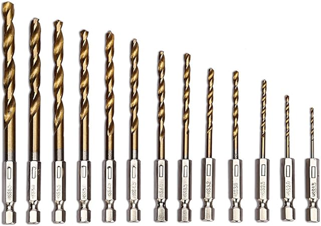 OCGIG 13Pcs HSS Hex Shank Twist Drill Bit Set Titanium Coated 1.5mm-6.5mm