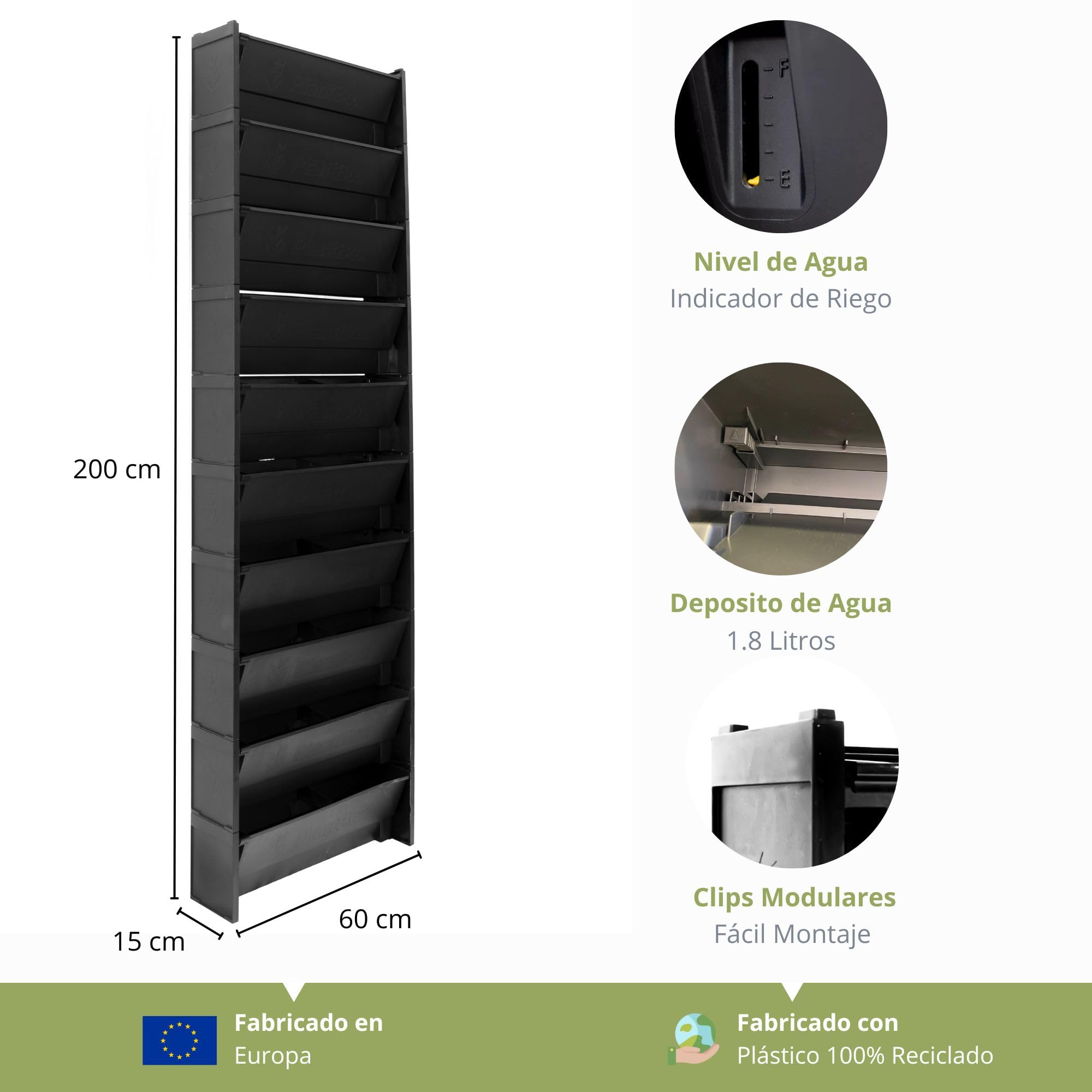 Jardín Vertical, Macetas para Jardines Verticales Naturales en Exterior o Interior, Huerto Urbano Vertical, Sistema Modular con Autorriego, 60 x 200 cm (10 Macetas)