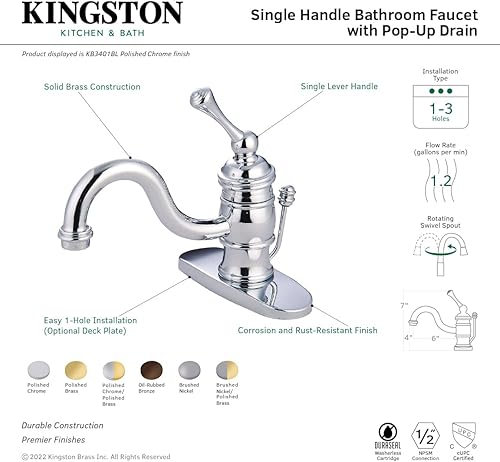 Miniatura 3 de Kingston Brass KB3408BL - Grifo de lavabo victoriano de 4 pulgadas con mango de palanca de metal, níquel cepillado
