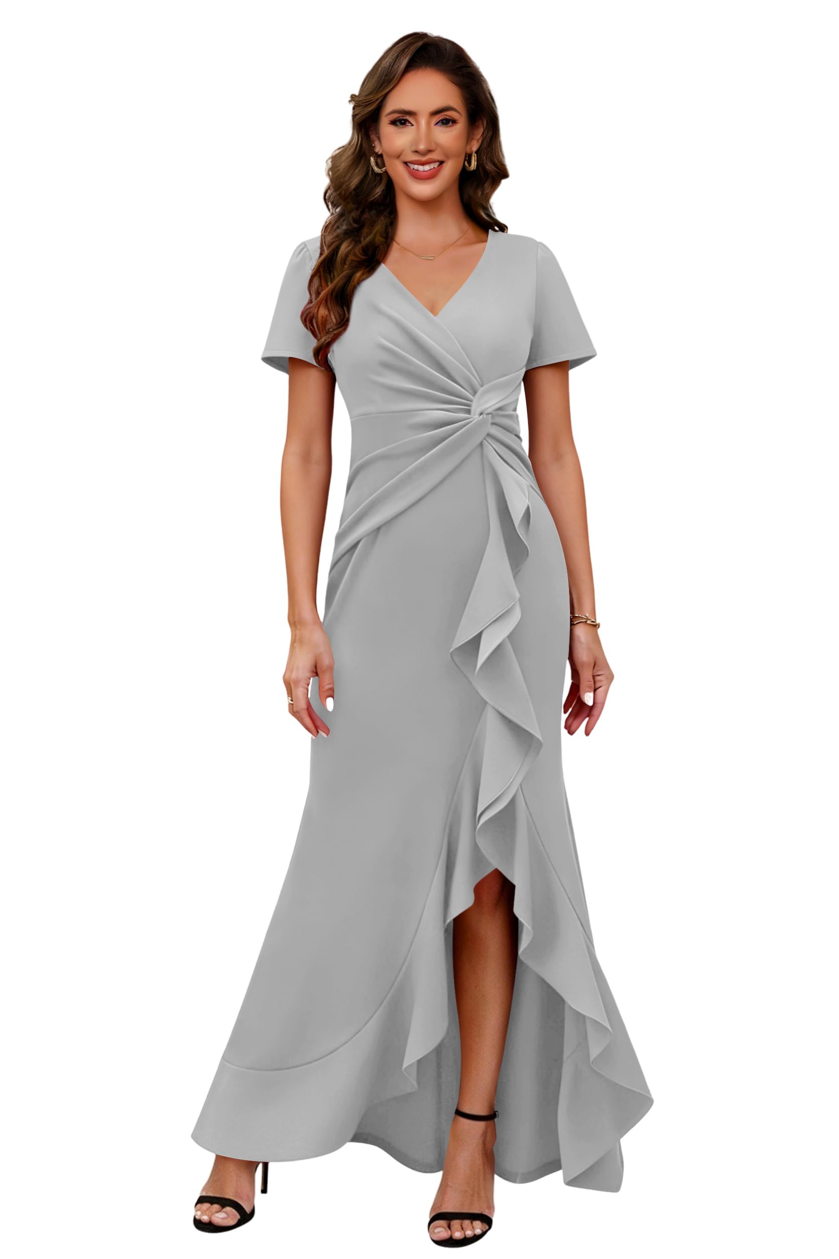 Womens Satin Mother of The Bride Dresses Short Sleeves Evening Dress GO005