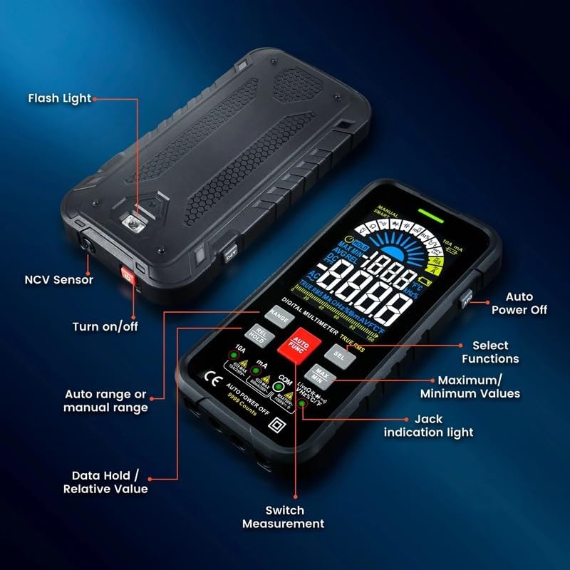 Smart Multimeter 9999 Counts True RMS Digital Smart Auto Range 1000V 10A Tester Meter Ohm Hz Capacitance