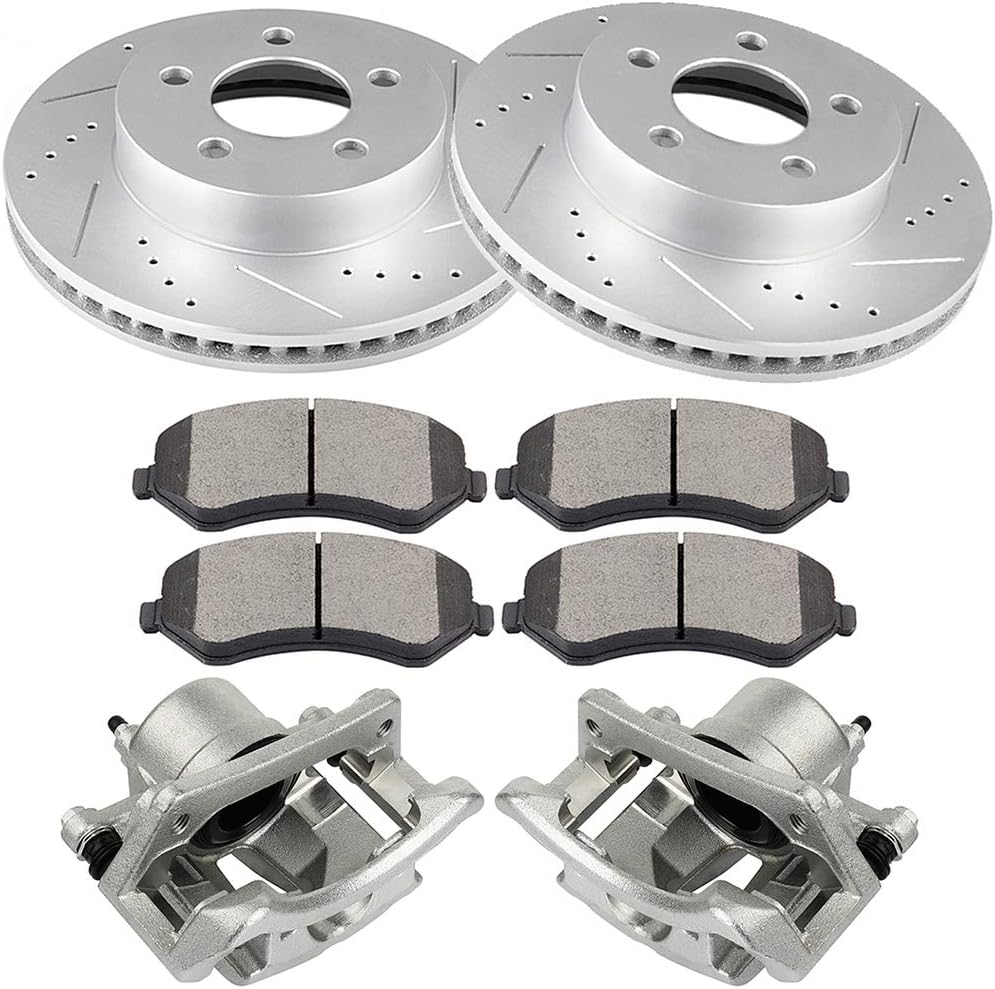 INEEDUP Front Left & Right Disc Brake Kit - 11.35"" Drilled & Slotted Brake Rotors and Calipers with Bracket and Ceramic Pads For Jeep Liberty 2002-2007 (8PCS), 835562-5208-1005387593