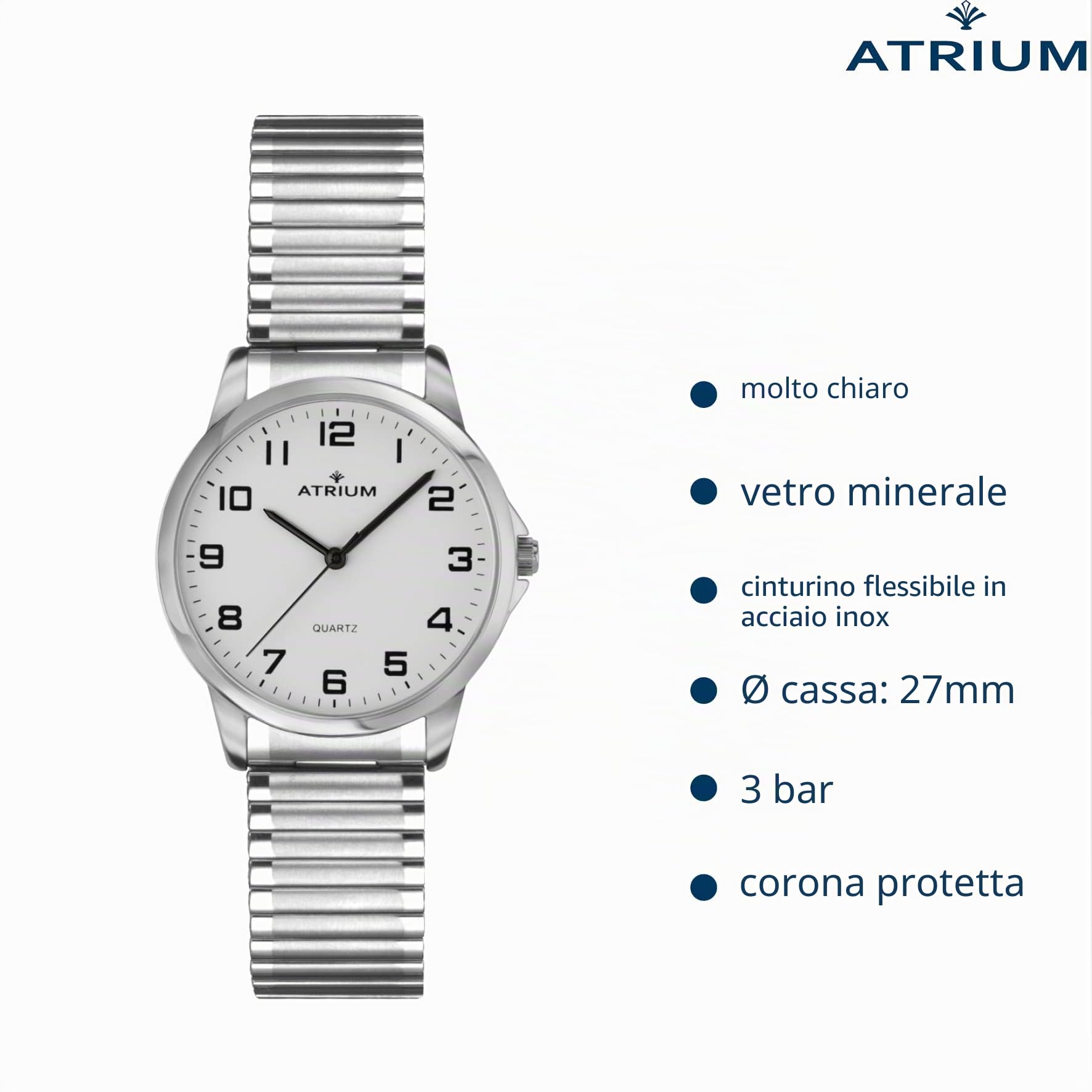 Atrium Orologio da polso da donna, analogico, al quarzo, con cinturino in acciaio inox, colore argento, A37-50