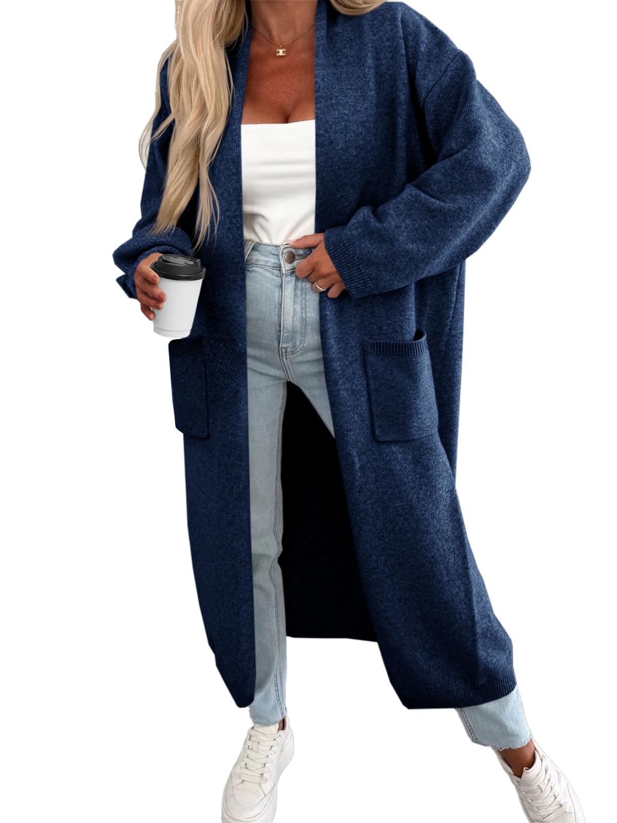 Fisoew Strickjacke Damen Lang Cardigan Langarm Oversized Strickmantel Open Front Sweater Jacke mit Taschen.