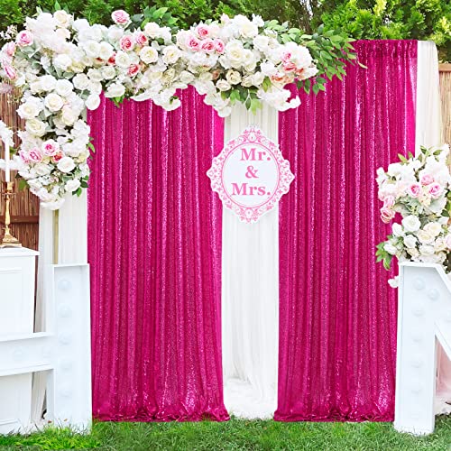 Image of 4 Pieces 2FTx8FT Fuchsia Sequin Backdrop Curtain Panels Stage Backdrop Background for Christmas Party Decoration Wedding Party Background Drapes