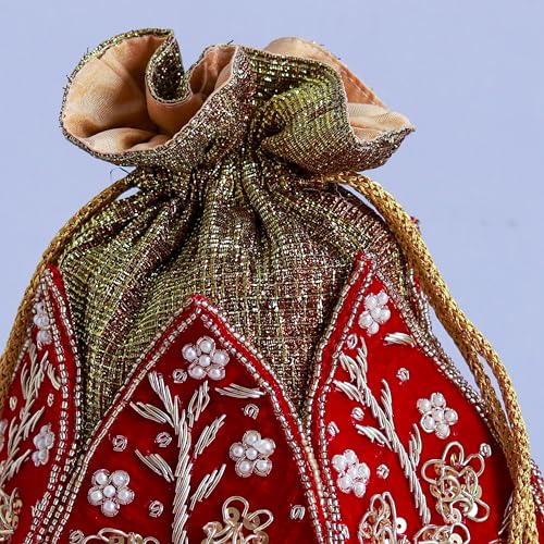 Image of THE TAN CLAN Pushp Zardozi Embroidered Mini Lotus Potli Bag - Handcrafted Silk Pouch with Intricate Zardozi & Lotus Design for Weddings, Bridal Accessories, and Special Occasions