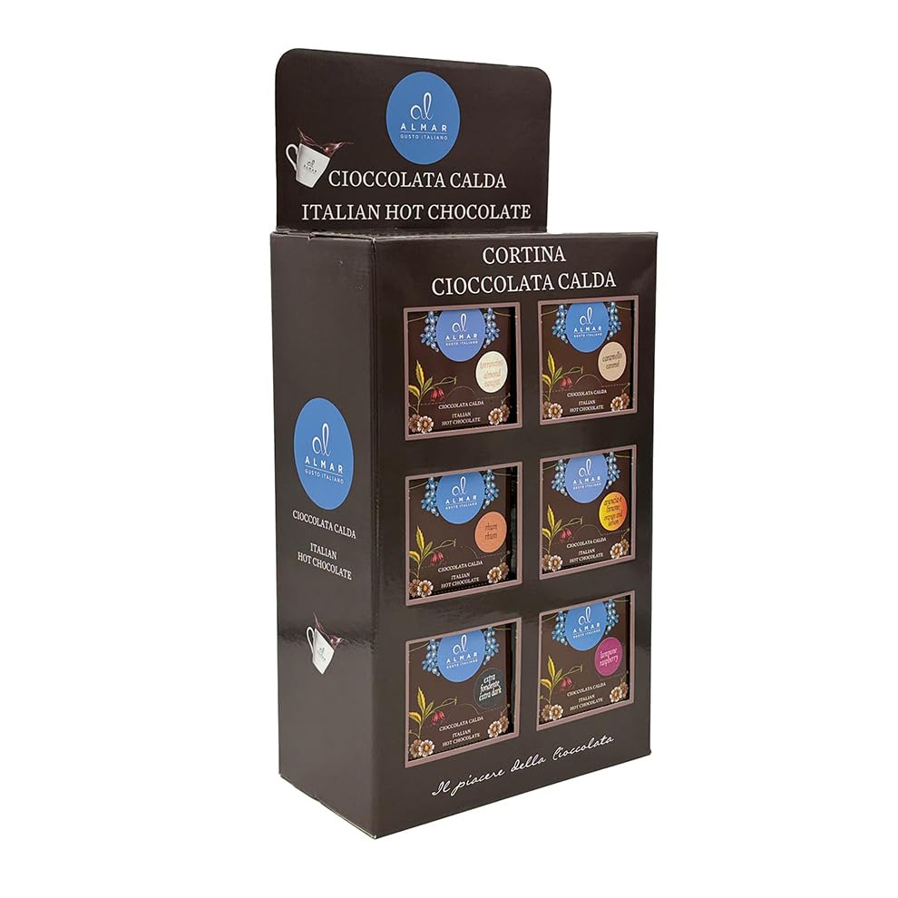 ALMAR - Kit Espositore Cioccolata Calda Cortina 6 Gusti alla Frutta, 90 Bustine Monodose da 30g con 6 Menu e Totem, Cioccolata Italiana Cremosa e Vellutata per Bar e Locali