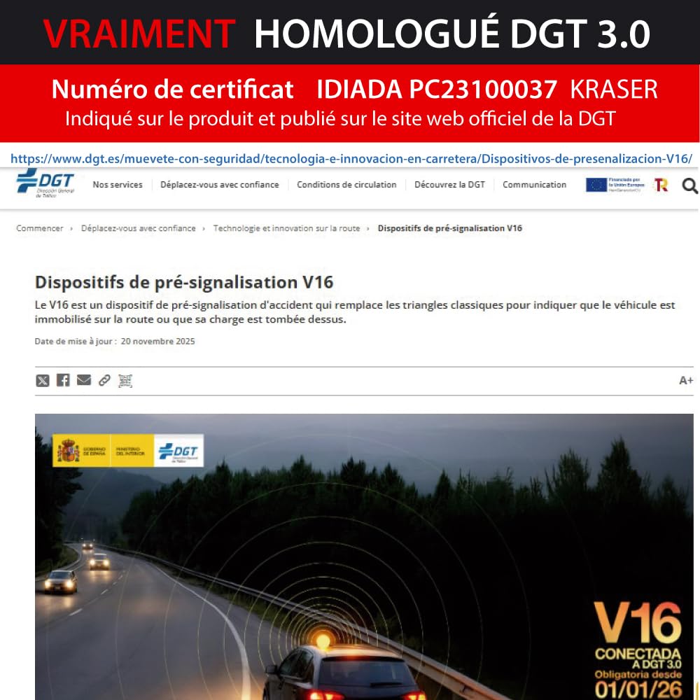 KRASER KRV16IOT Lumière d'urgence V16 Homologuée DGT 3.0 LED 360° Balise Magnétique avec Géolocalisation Avancé et carte SIM