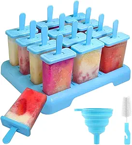 12 Cavities Popsicles Molds, Without BPA Popsicle Molds with Built-in Popsicle Stick, DIY Popsicle Molds with Cleaning Brush and Funnel