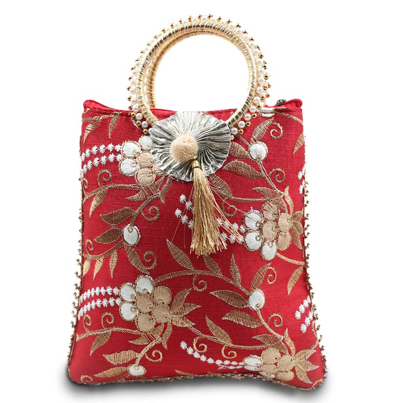 Sakshi Collection Women Red Color Handbag | Wristlets Ethnic Bridal Potli | Designer Handbags for Women | Wedding Party Return Gift | Bags for Party Accessories | Women Potlis Silk Handmade