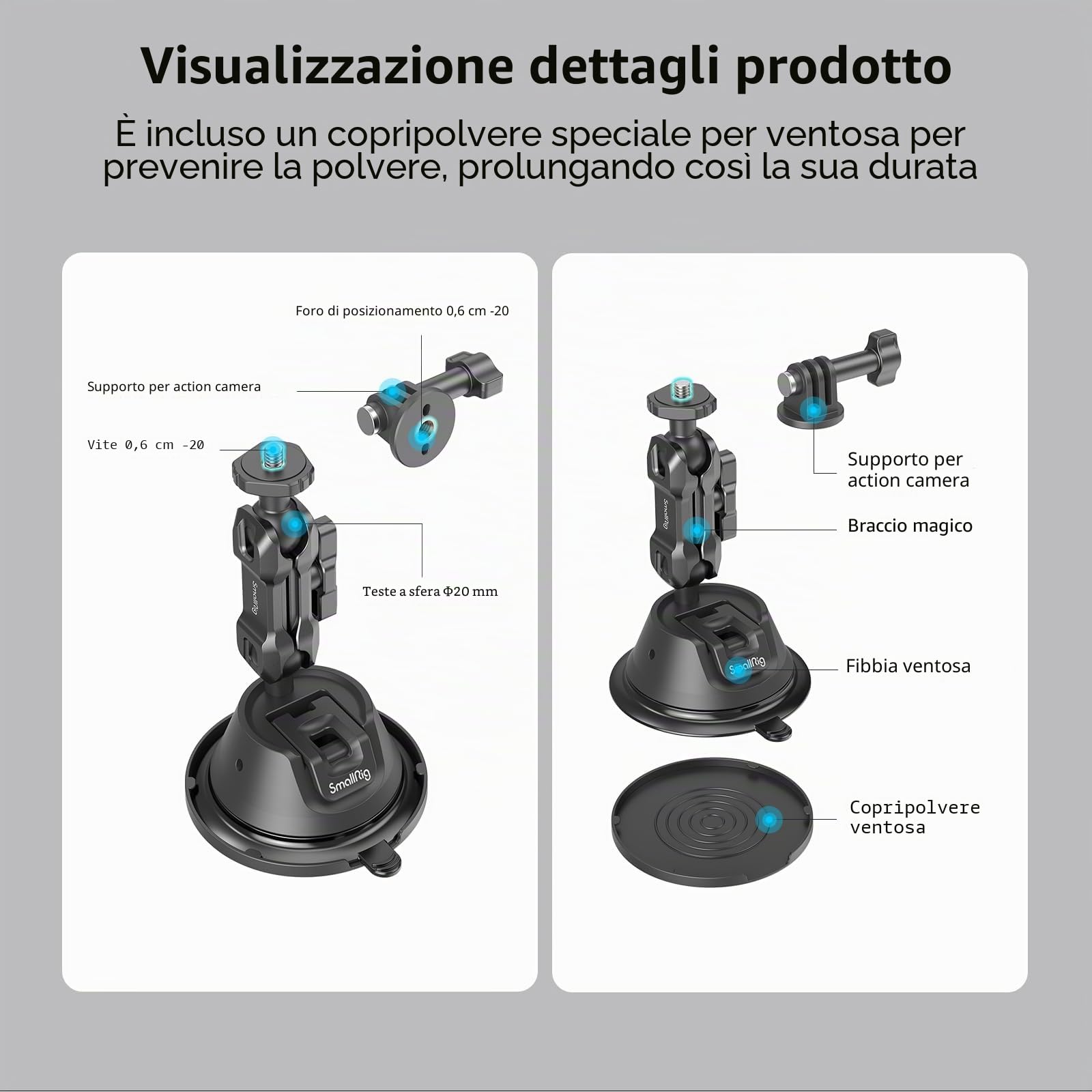 SMALLRIG Supporto a Ventosa a Doppio Strato per GoPro Hero 12/11/10/9, per DJI Osmo Action/Procket, per Insta360 X3, Supporto per Doppia Testa a Sfera Rotazione a 360° - 4193