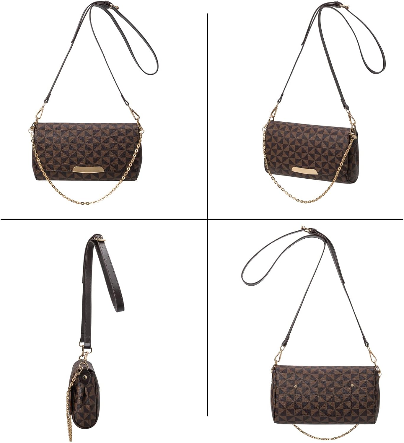 Designer Checkered Shoulder Bag, Brown Faux Leather Crossbody Purse with Chain Strap, Fashion Envelope Clutch for Women (01) - Image 4