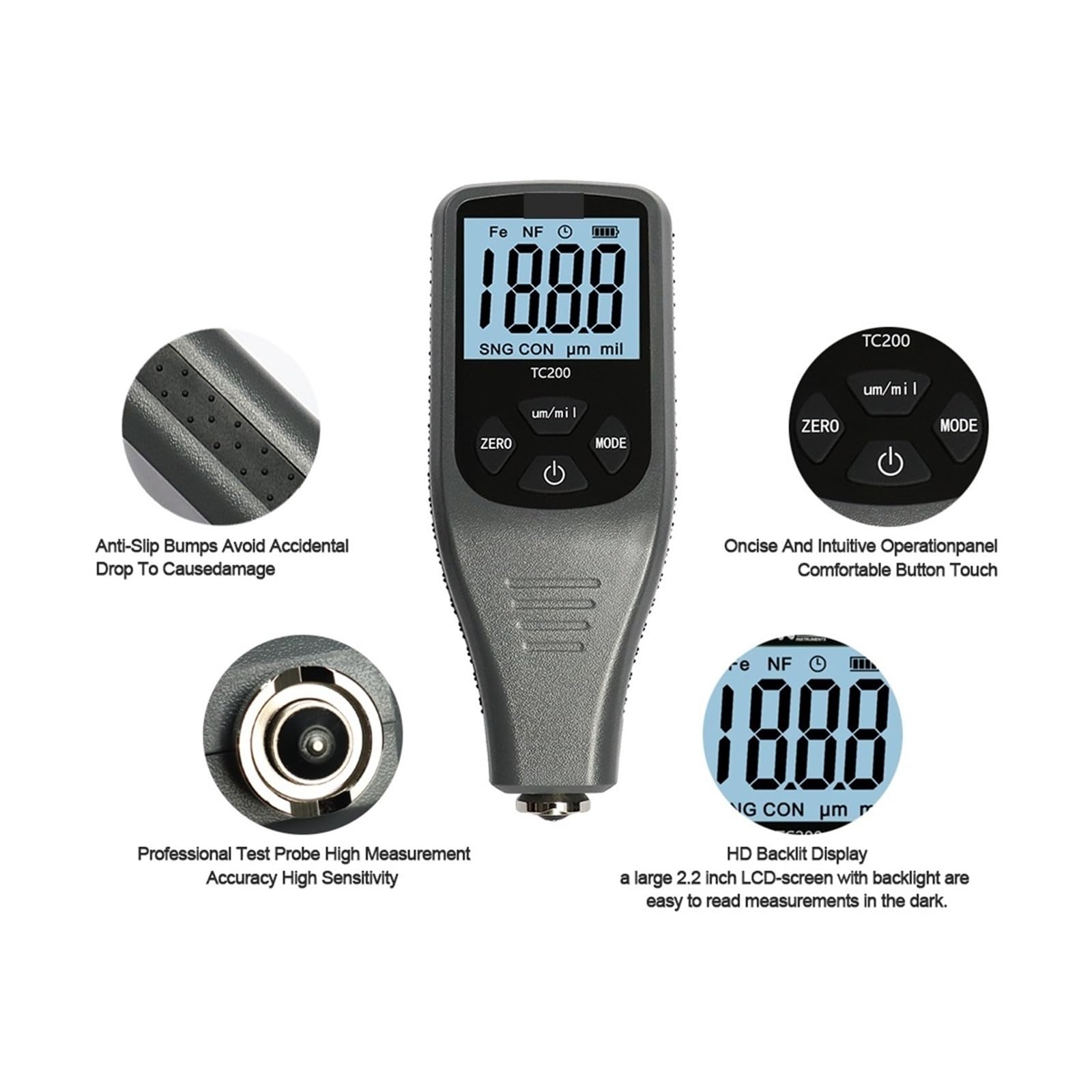 Miernik grubości powłoki lakierniczej TC200 Grey Car Paint Coating Thickness Gauge 0,1um/0-1500 Miernik grubości powłoki lakierniczej Car Paint(Black)