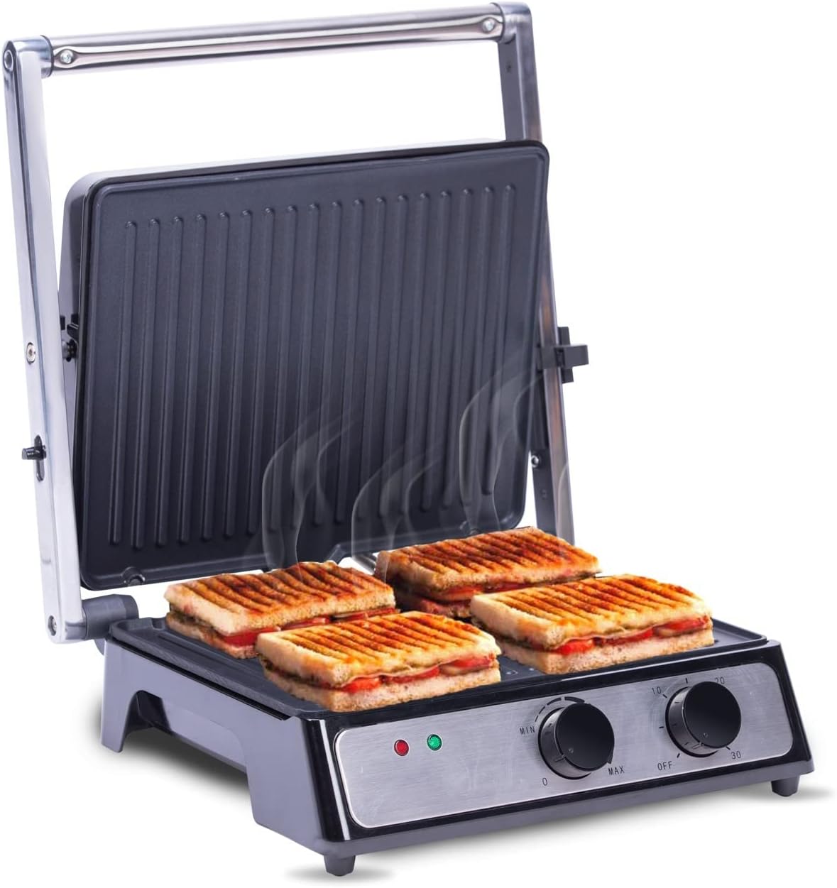 AGARO Grand 2000 Watts Super Jumbo Sandwich Maker with Non-Stick Grill Plates, 180° Flat Openable Plates, Temperature and Timer Knob, Big Size (Steel)