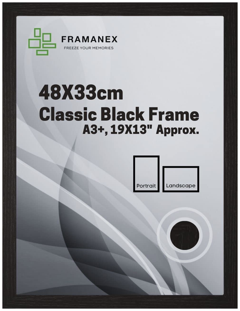 FRAMANEX Classic A3+ Picture Poster Frame, 48 X 33cm Black Wood Finish, Portrait/Landscape Rectangle 19 X 13 inches