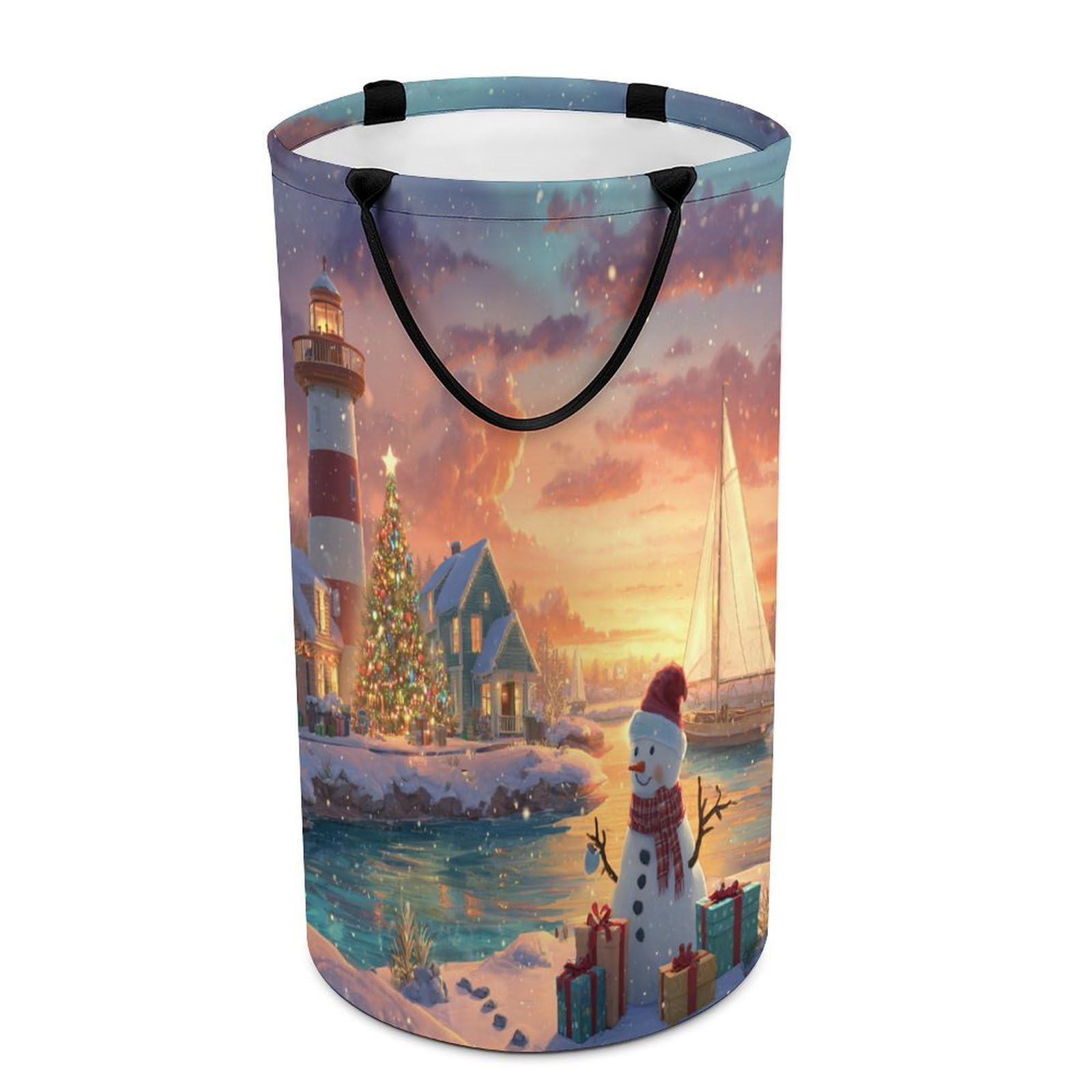 LUYYSKY Cute Abstract Christmas Snowman Collapsible Dirty Clothes Basket, Retro Watercolor Nautical Beach Lighthouse Xmas Tree Portable Clothes Storage Basket