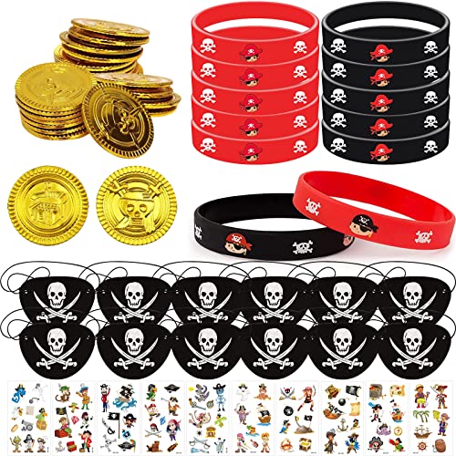 TZQFROCE Decorazione pirata per bambini 58 Pezzi Festa Pirati dei Caraibi Gadget 12 Braccialetti Silicone 12 Pirata Benda Occhio 24 Monete d'oro Pirata 10 Tatuaggio per Temporanei Halloween