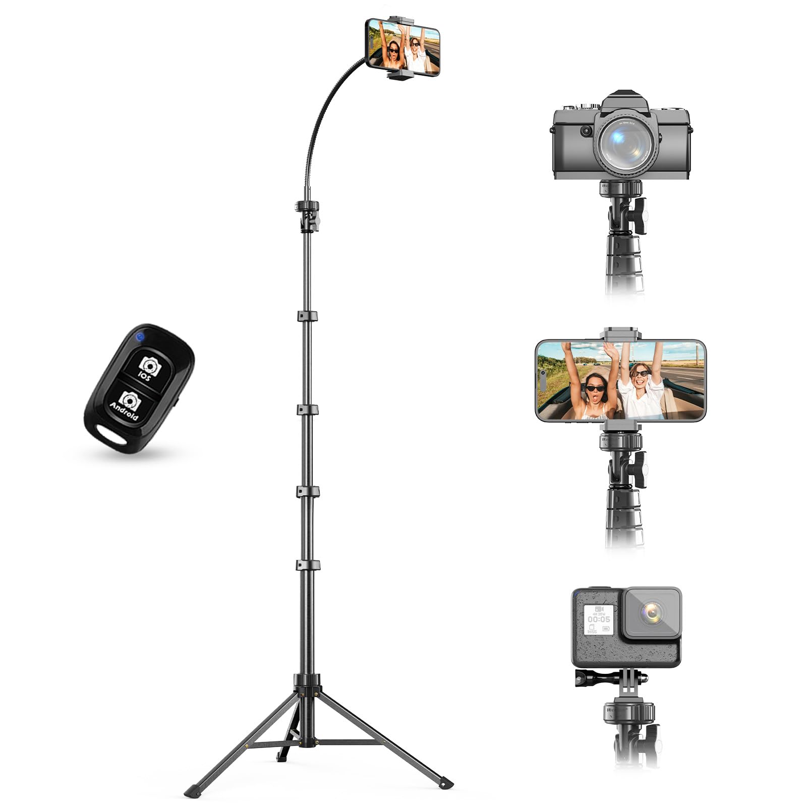 UBeesize 88’’ Flexible Phone Tripod with 14.95’’ Gooseneck, Remote and Phone Holder, Overhead Cell Phone Stand?Selfie Stick for Video Recording, Compatible with iPhone Android Phone, Camera Black