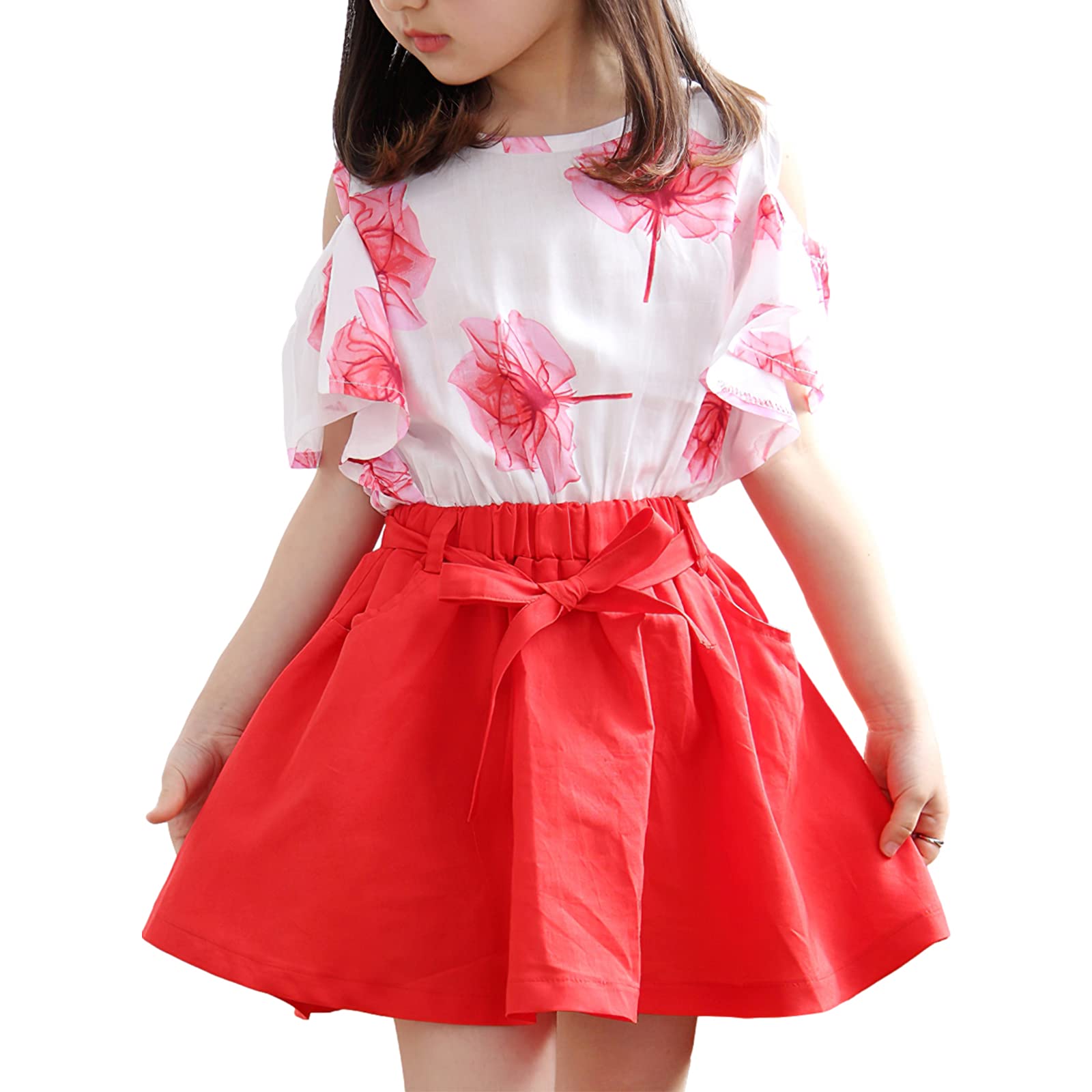 amropi Niña Floral Conjunto de Verano Camiseta de Manga Volantes y Falda 2 Piezas Ropa Set 3-12 años