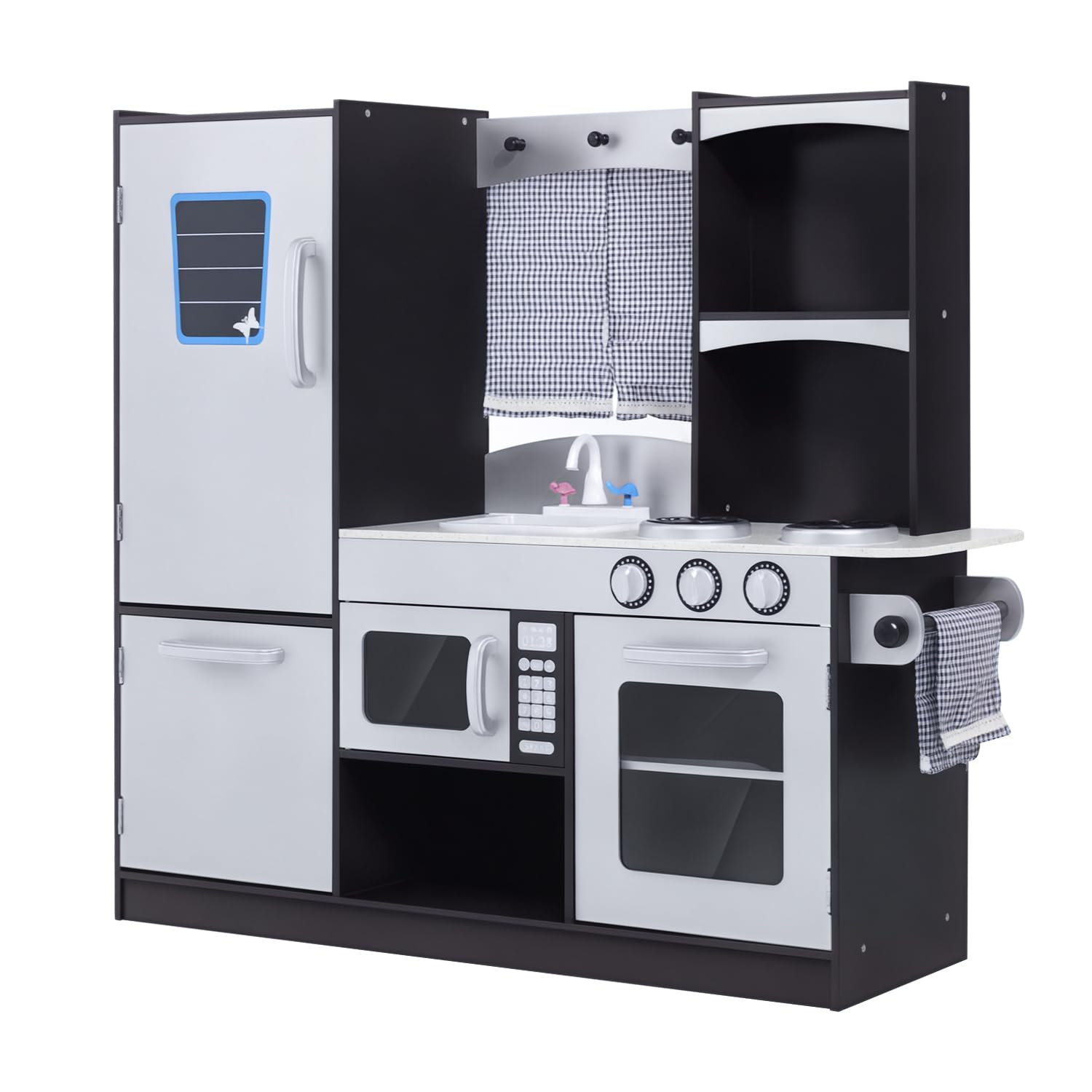 HOMCOM Conina de Juguete con Accesorios 105x31,5x95 cm Plata/Marrón Oscuro | Madera Grande, Niños +3 Años, Cocina Infantil Juguete, Encimera, Juego Imitación, Horno, Microondas, Fregadero