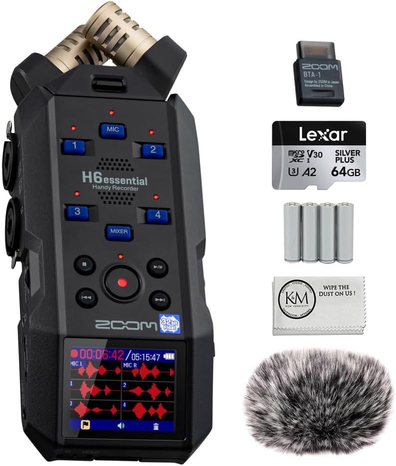 Zoom H6essential 6-Track 32-Bit Float Portable Audio Recorder Bundled with BTA-1 Bluetooth Adapter + 32GB Micro-SD Card + Furry Wind Screen + AA Batteries | 4 Pack + Cleaning Cloth (6 Items)