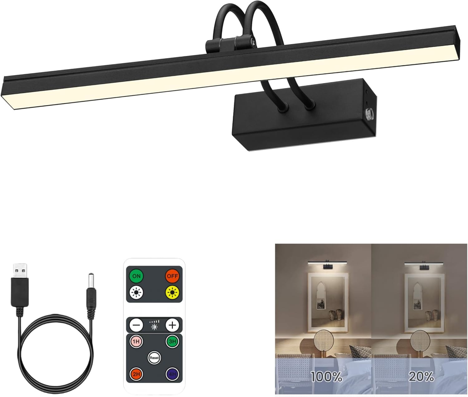 FUNCHDAY Lampe murale rechargeable sans fil avec télécommande, 280 lm à intensité variable, minuteur, 33 cm, fonctionne à piles en métal pour peintures, cadre (noir)