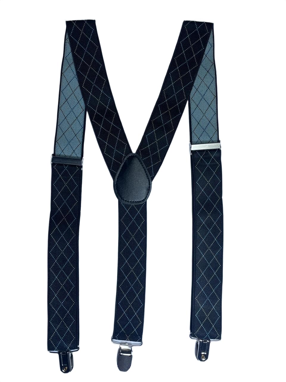 Men’s Adjustable Elastic Suspenders with Subtle Diamond Grid Pattern – Classic Y-Back Braces with Strong Metal Clips – Stretch Fabric for Formal, Business, Wedding (Dark Navy with Fine White Dots)-image-4