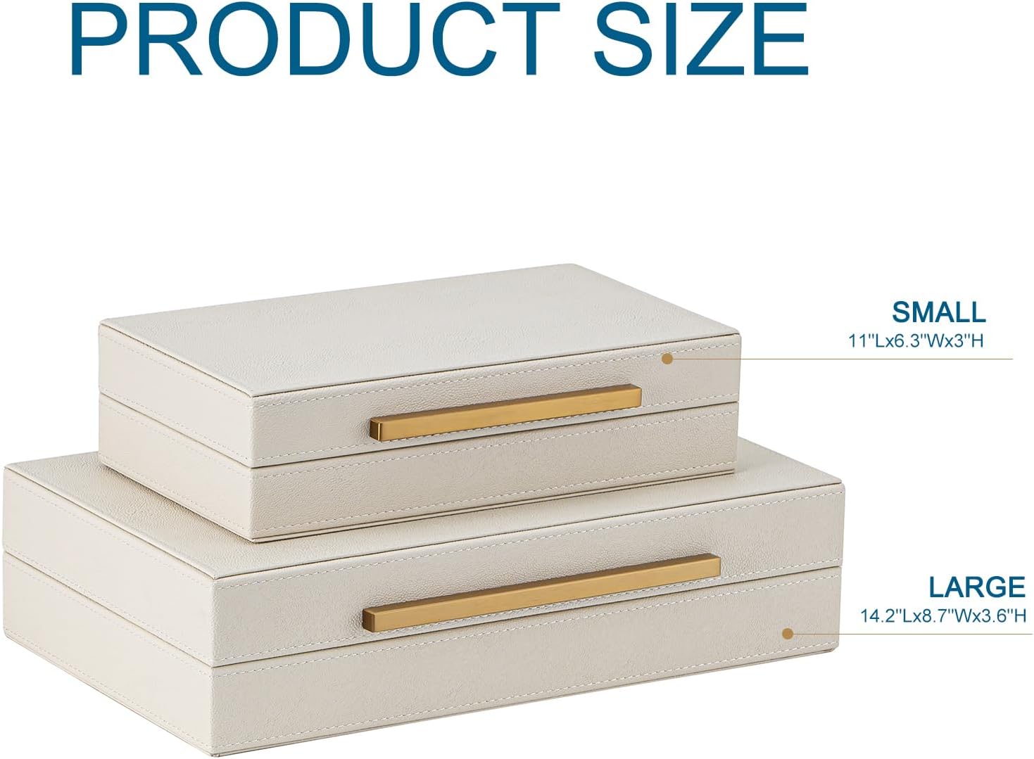 Faux Leather Large Modern Stackable Nesting Jewelry Box with Lids Organizer – Set of 2 Beige Shagreen Decorative Storage Boxes with Gold Metal Handles
