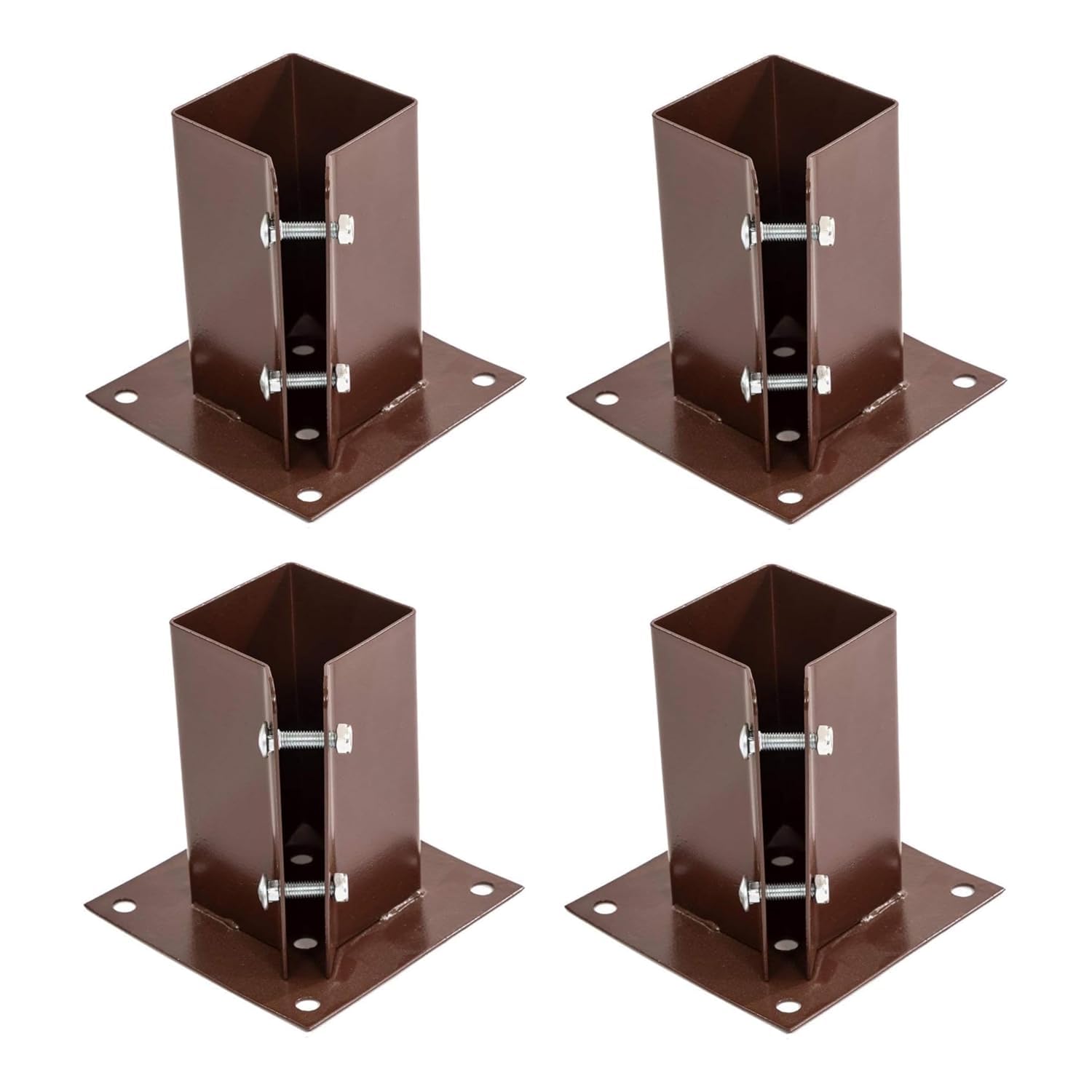 ADEPTNA Pack of 4 Heavy Duty Bolt Down Fence Post Shoe, Powder Coated Steel Strong Post Holder with Mounting Holes, and Clamping Bolts for Secure Installation (100 X 100MM)