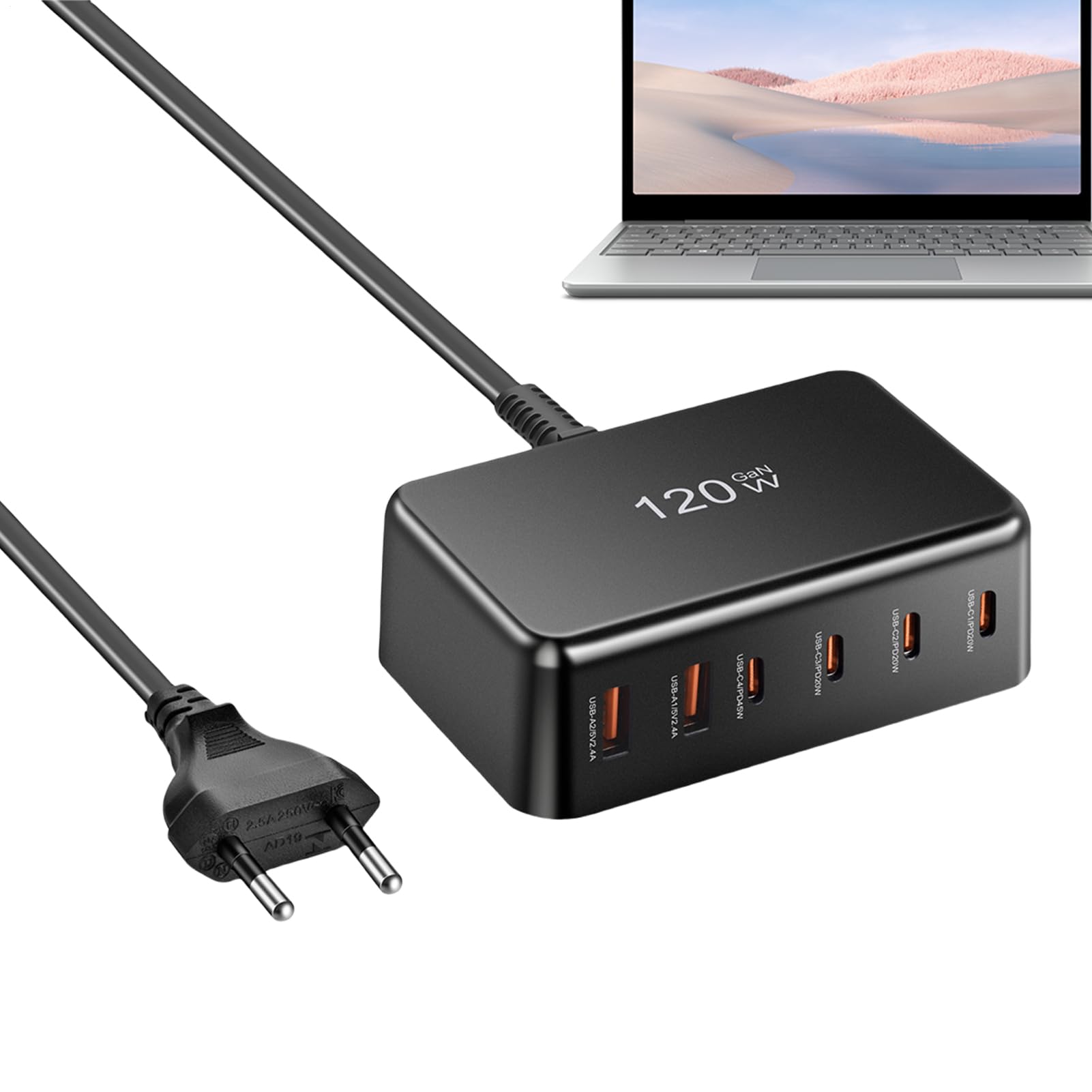 Caricatore USB C Ricaricabatterie Portatile per Telefoni | Dispositivo di Ricarica Rapida da 120W 6 Porte per Utenti di Dispositivi Mobili e Persone Attive Viaggiatori